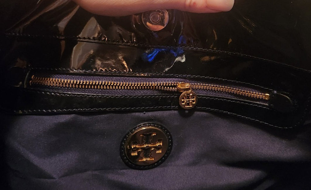 Tory Burch Bombe Tote Black Patent Leather Perforated Logo Shoulder Bag