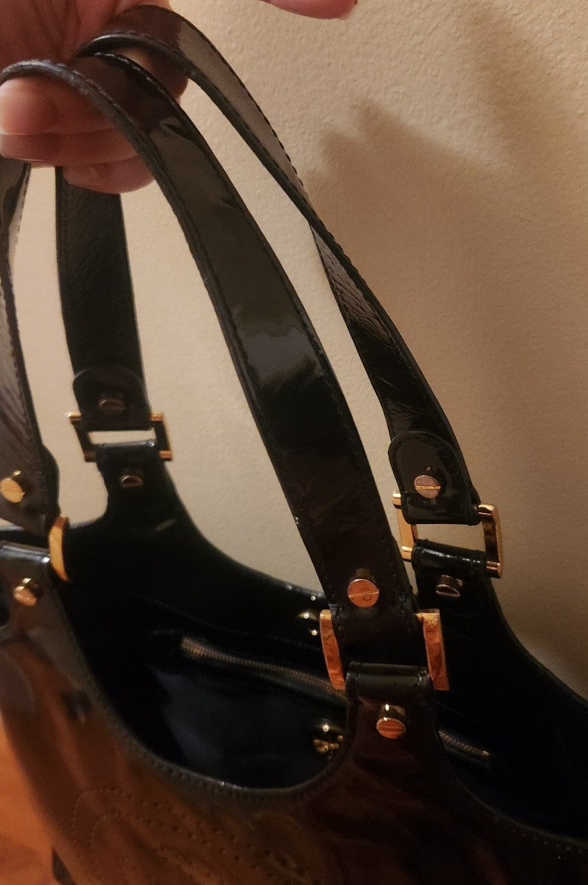 Tory Burch Bombe Tote Black Patent Leather Perforated Logo Shoulder Bag