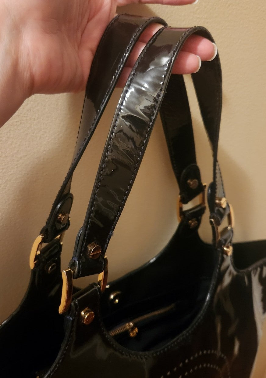 Tory Burch Bombe Tote Black Patent Leather Perforated Logo Shoulder Bag