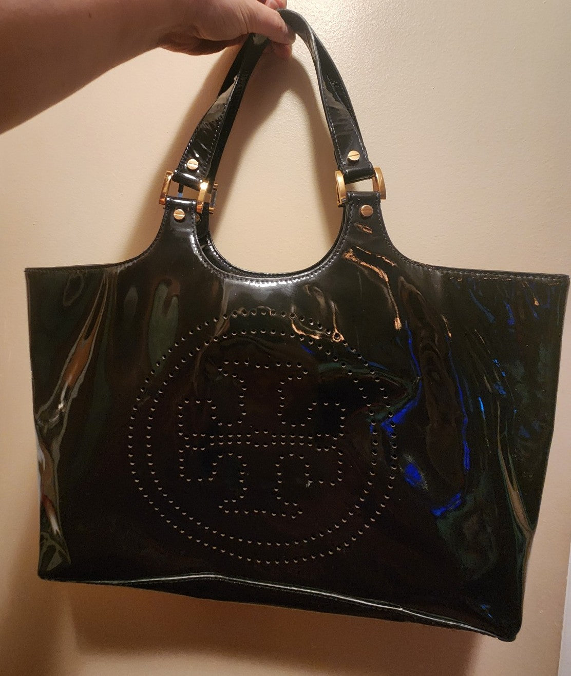 Tory Burch Bombe Tote Black Patent Leather Perforated Logo Shoulder Bag
