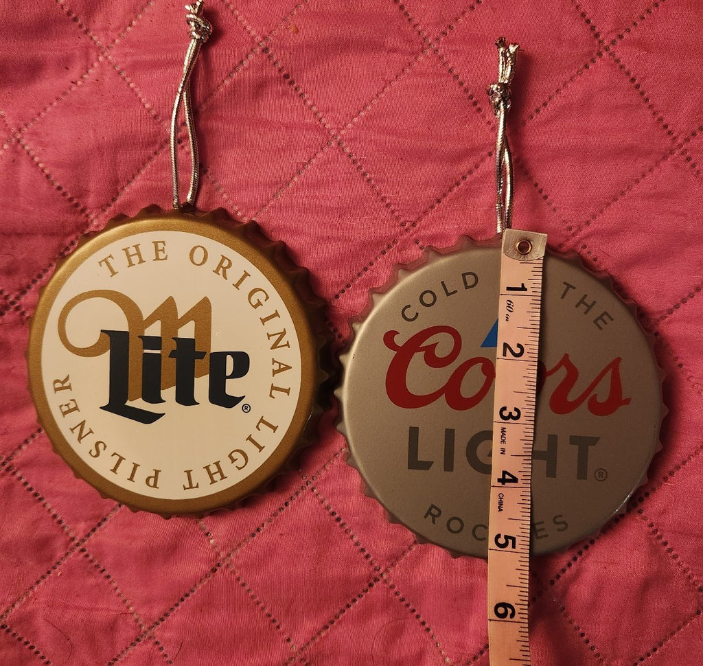 Miller Lite & Coors Light Metal Bottle Cap Ornaments NWT