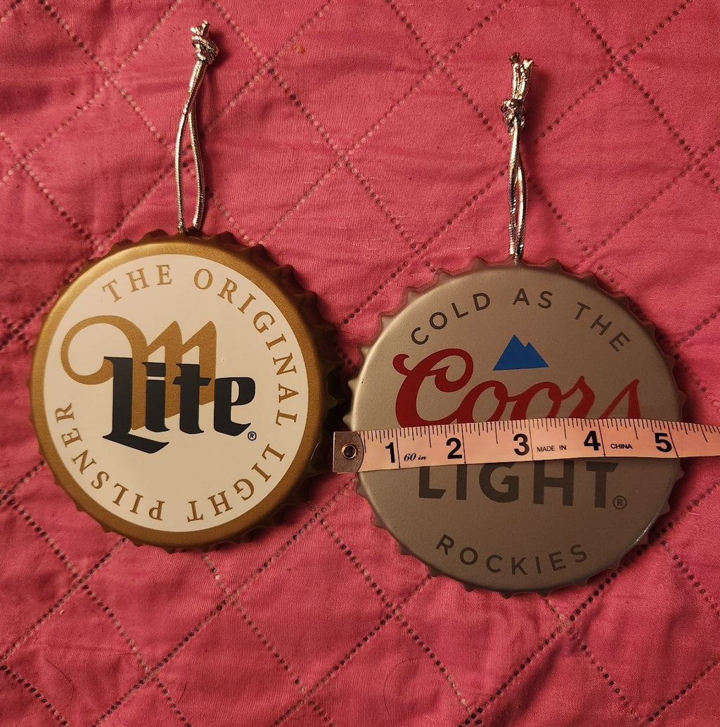 Miller Lite & Coors Light Metal Bottle Cap Ornaments NWT