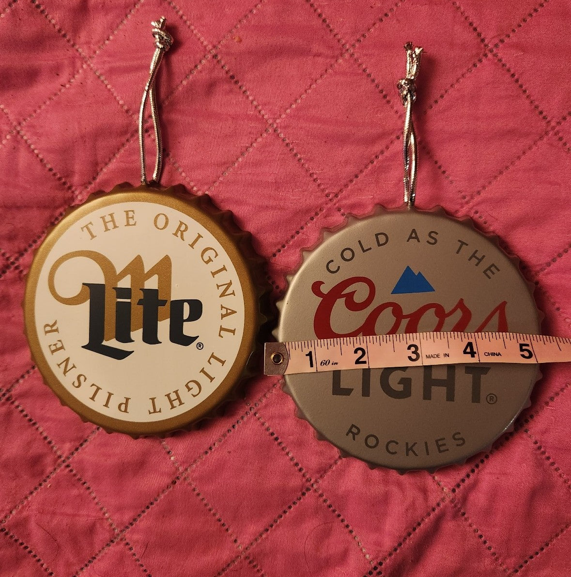 Miller Lite & Coors Light Metal Bottle Cap Ornaments NWT