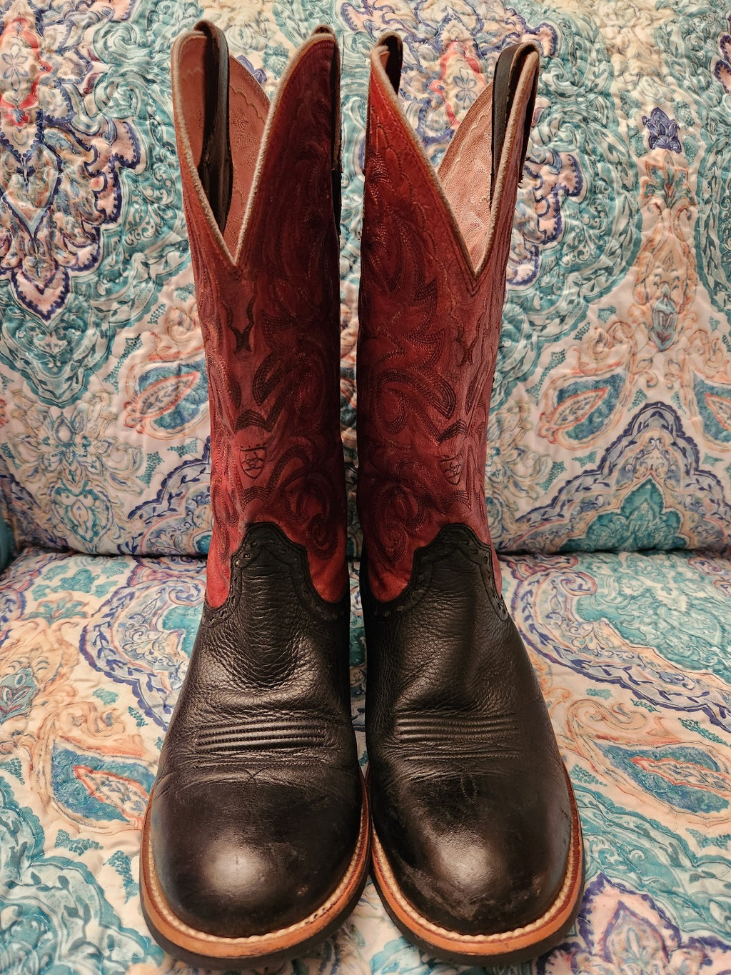 Ariat Womens Black Deertan & Red Round Toe Western Cowboy Boots Size 9.5