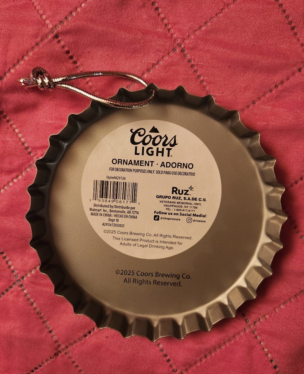 Coors Light Metal Bottle Cap Ornament NWT