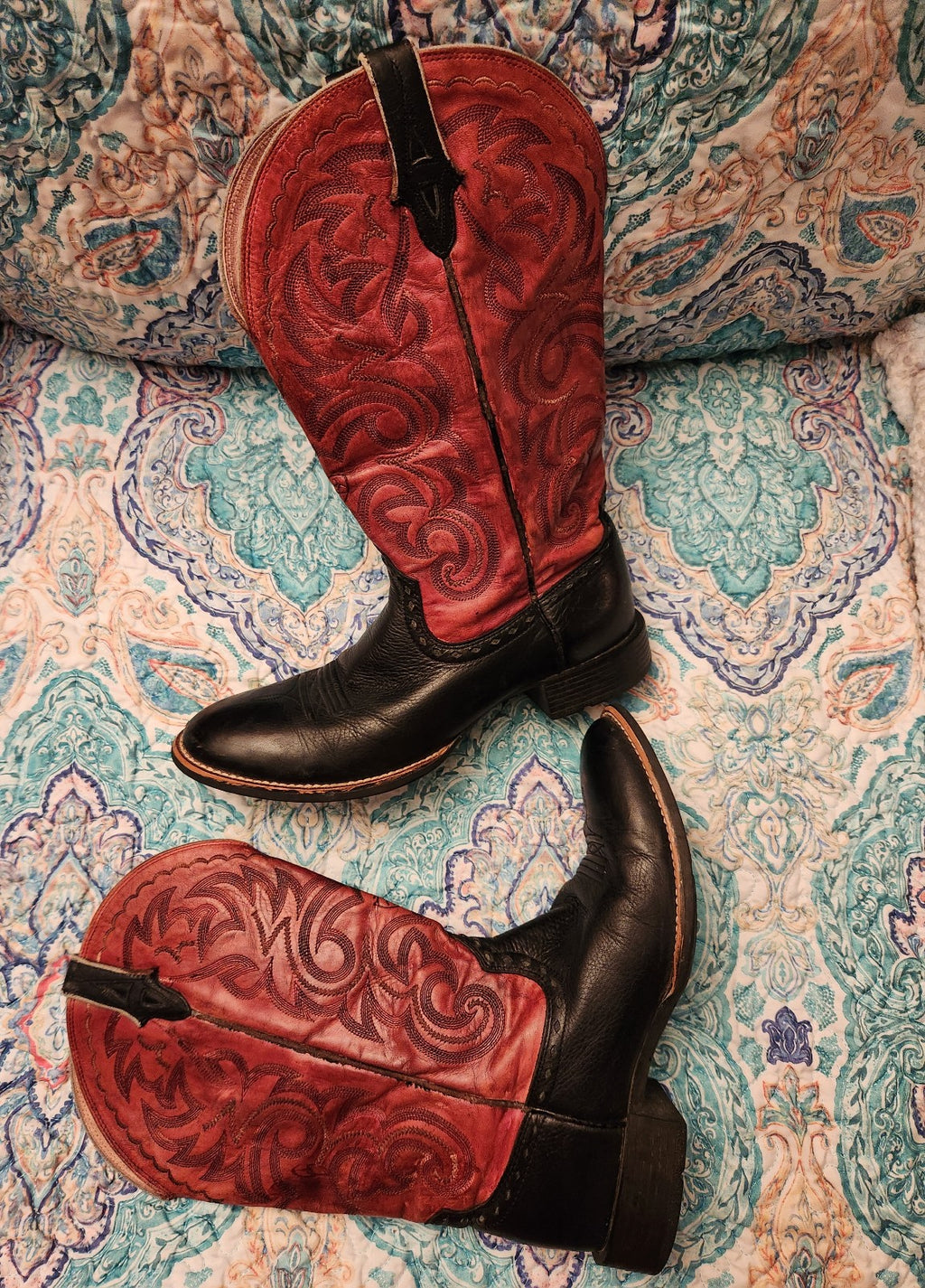 Ariat Womens Black Deertan & Red Round Toe Western Cowboy Boots Size 9.5