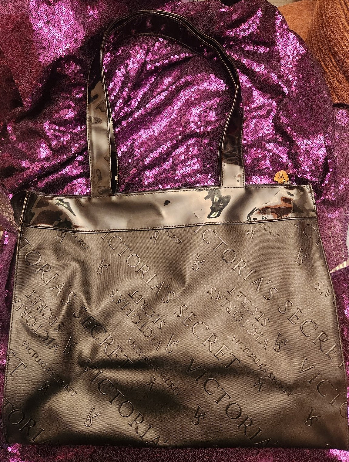 Victorias Secret Black Embossed Pattern Tote Bag