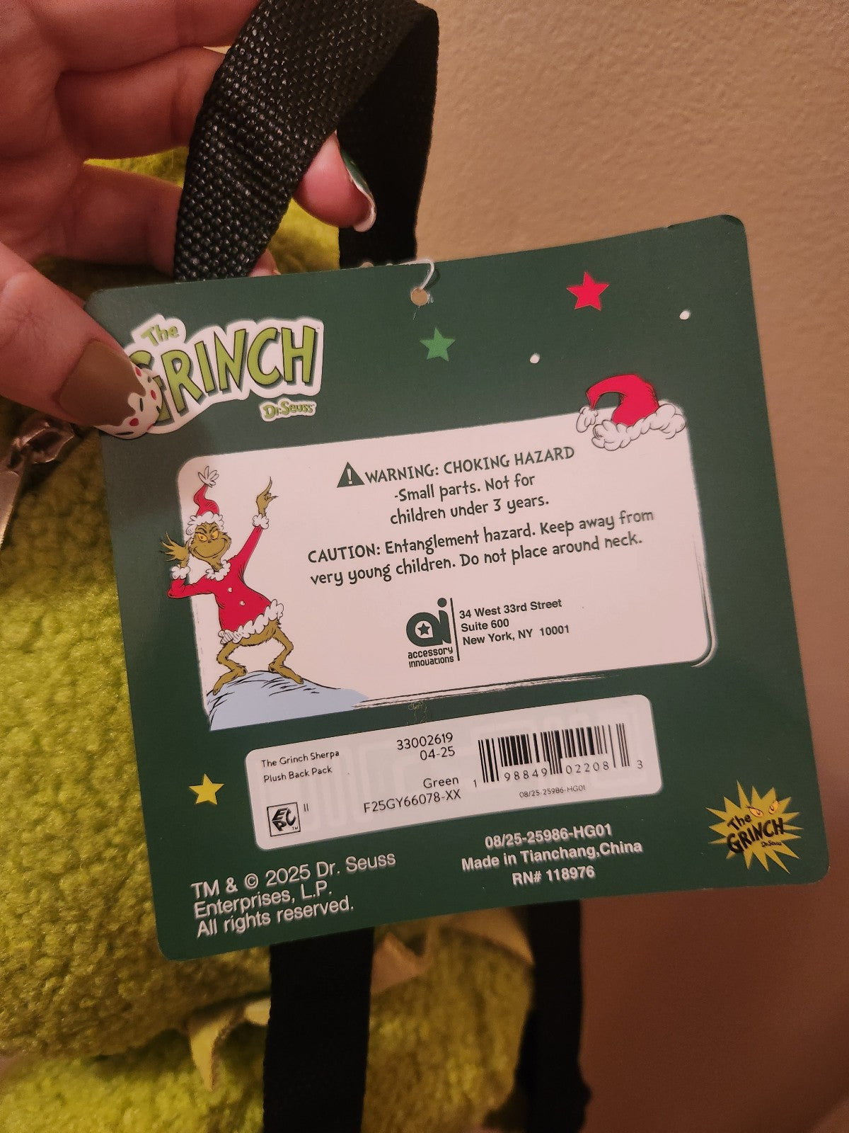 The Grinch Sherpa Plush Mini Backpack NWT