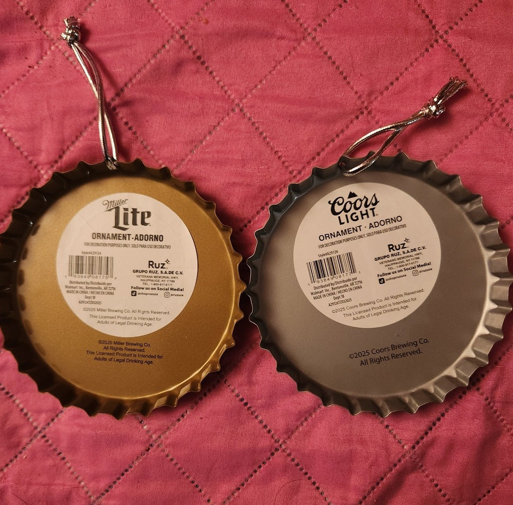 Miller Lite & Coors Light Metal Bottle Cap Ornaments NWT