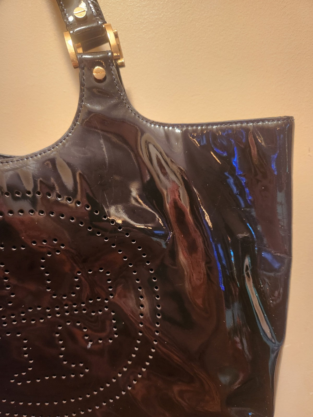 Tory Burch Bombe Tote Black Patent Leather Perforated Logo Shoulder Bag