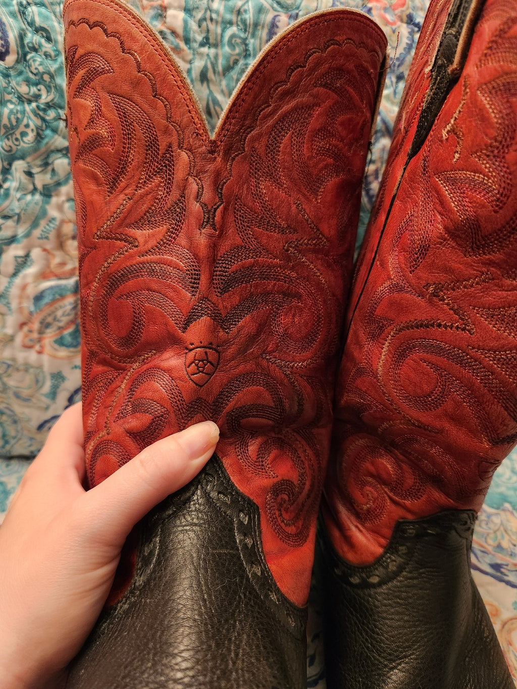 Ariat Womens Black Deertan & Red Round Toe Western Cowboy Boots Size 9.5