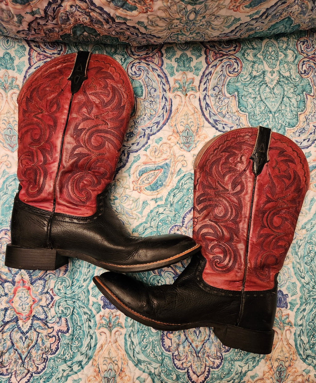 Ariat Womens Black Deertan & Red Round Toe Western Cowboy Boots Size 9.5