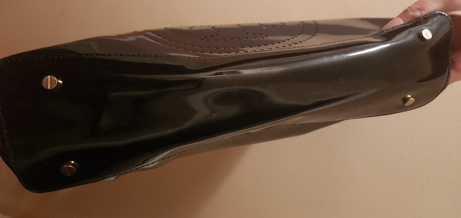 Tory Burch Bombe Tote Black Patent Leather Perforated Logo Shoulder Bag