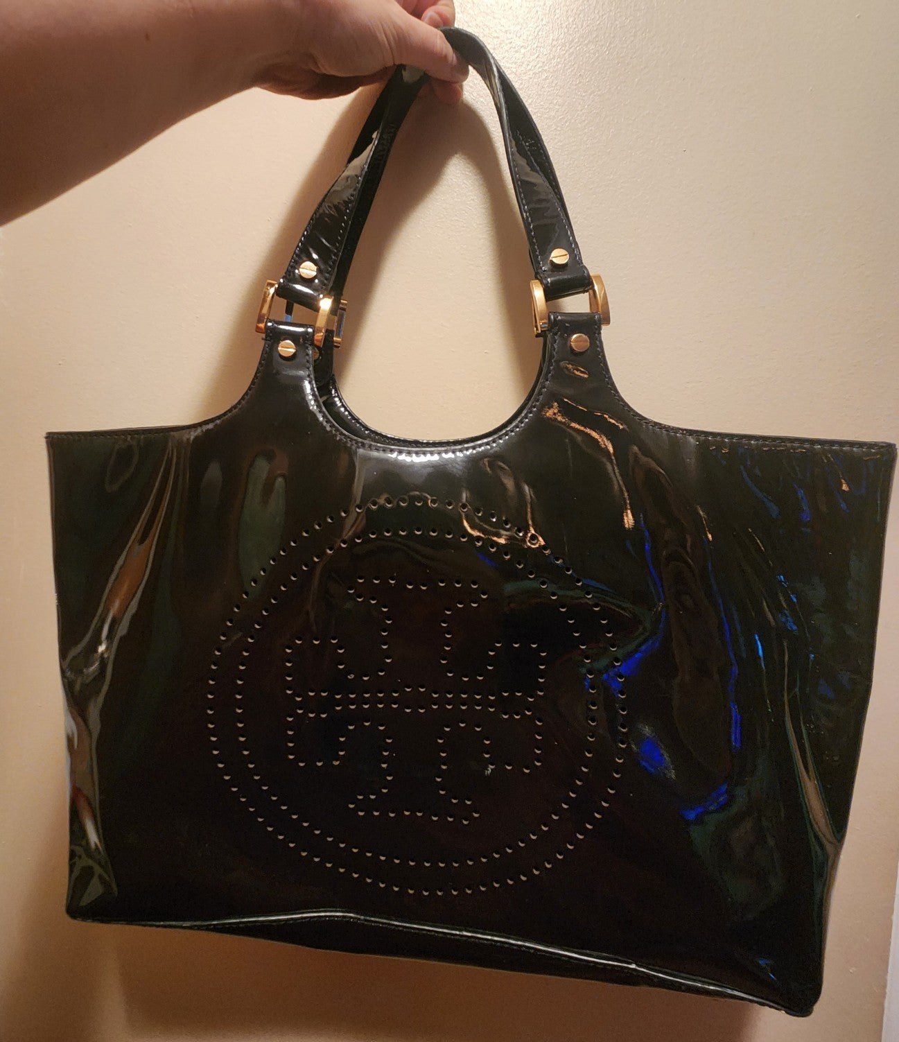 Tory Burch Bombe Tote Black Patent Leather Perforated Logo Shoulder Bag
