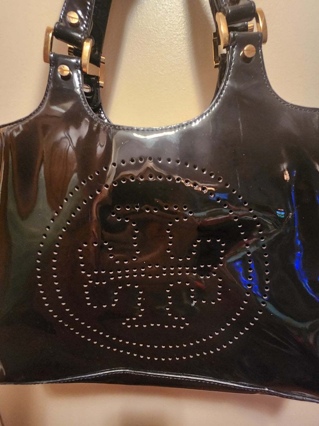 Tory Burch Bombe Tote Black Patent Leather Perforated Logo Shoulder Bag